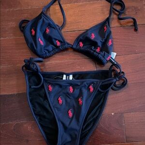 Ralph Lauren Navy Bikini Set with Red Polo Pony Embroidery